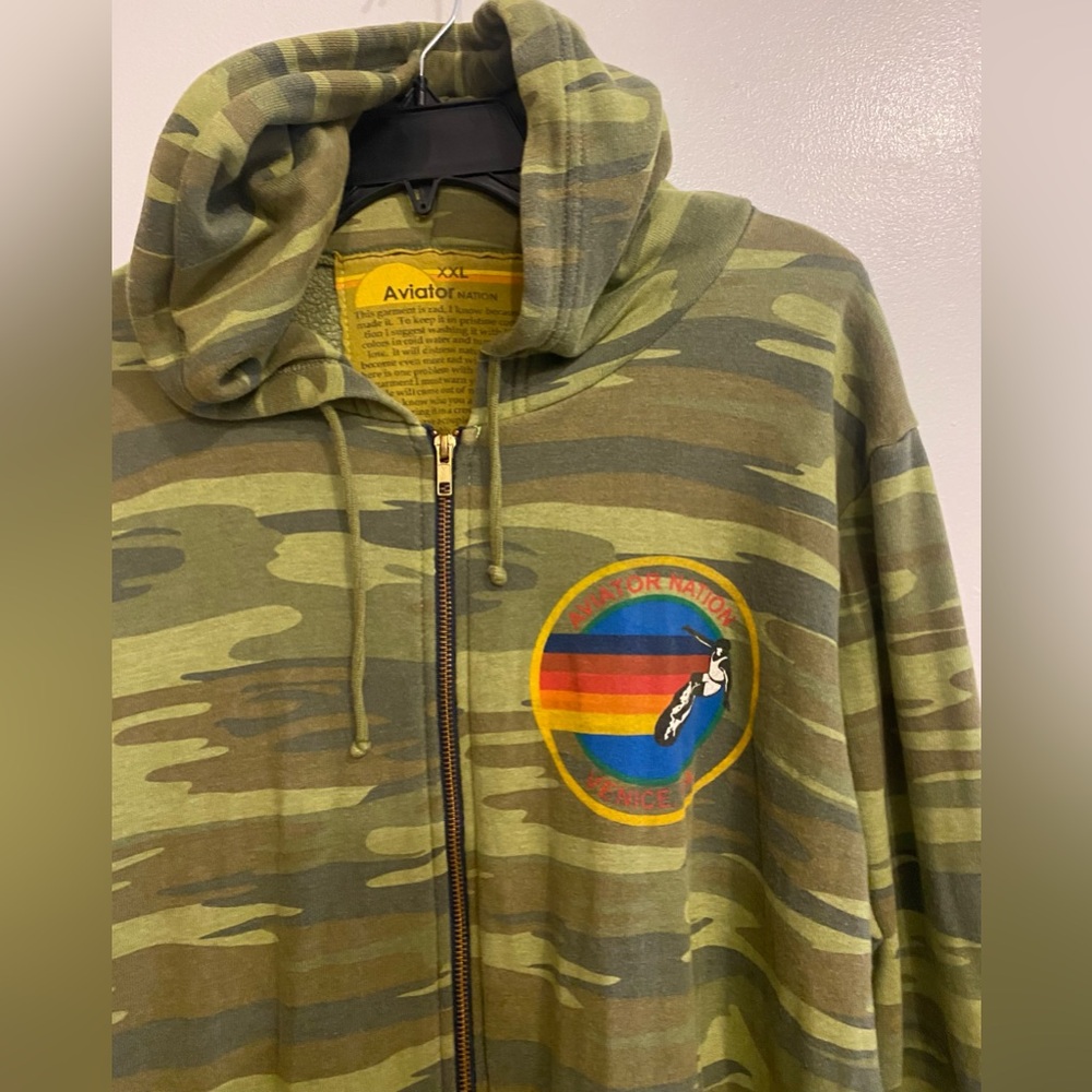 AVIATOR NATION Zip front Hoodie Size XXL Army print with multi color logo - Picture 2 of 5